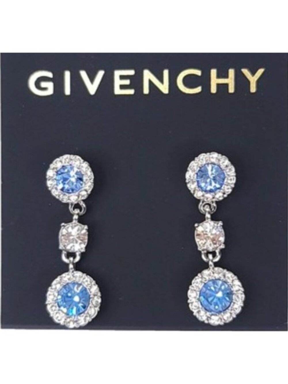 Givenchy Silver-Tone Drop Earrings With Blue & Clear Faceted Crystals-NEW